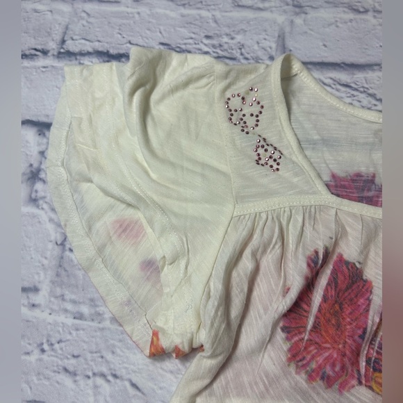 ONE WORLD Fall Cream Short Sleeve Top w/ Orange and Purple Floral Design. Small - Picture 3 of 7